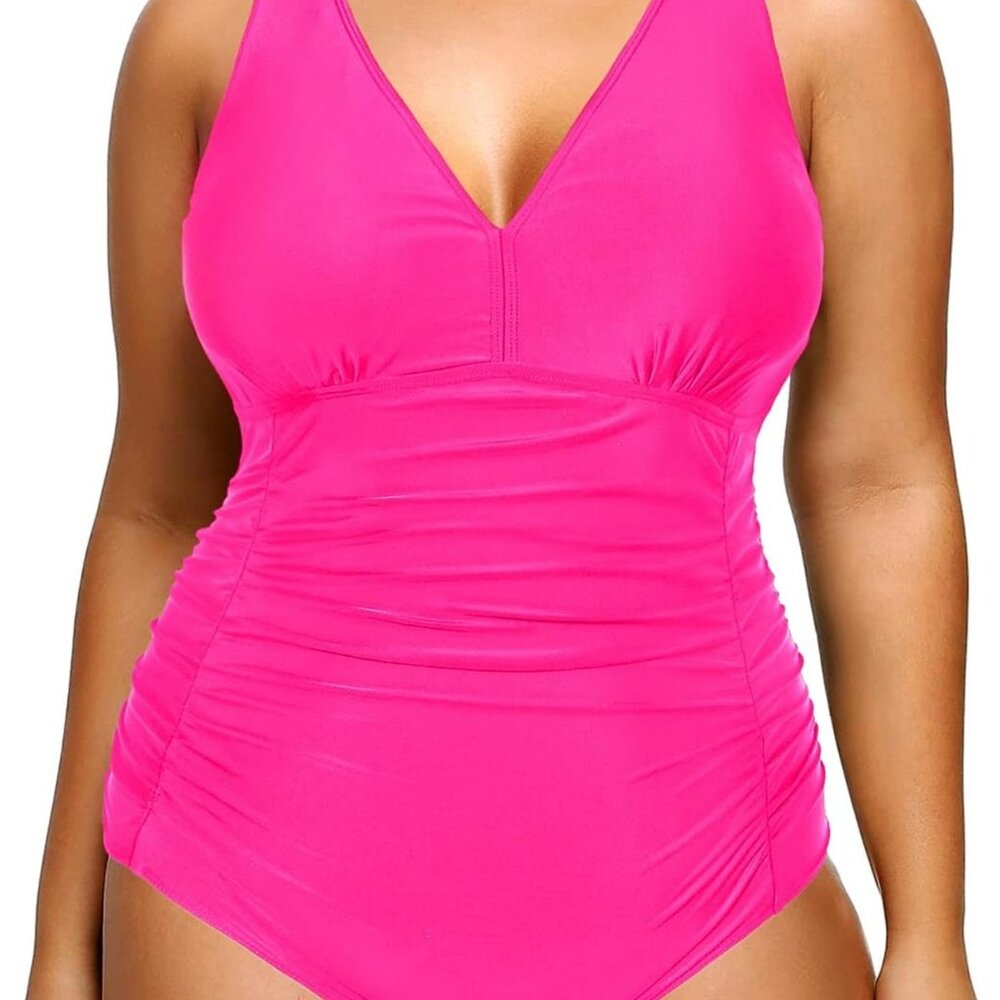 Aqua Eve Women Plus Size One Piece Swimsuits V Neck Tummy Control Bathing Suit